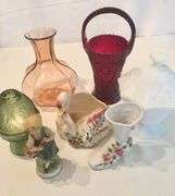 Large Vintage Glass, Ceramic Favorites, Red Amberina  glass basket, Green Fairy Light