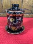 10” Oriental Vase & Two Porcelian Girl Sugars & black mug for tea