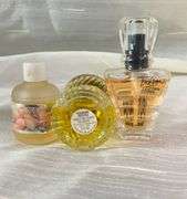 Clear Tiara Glass Sheet Cake Plate, Gold Wired Tree & 12 Vintage Fragrances