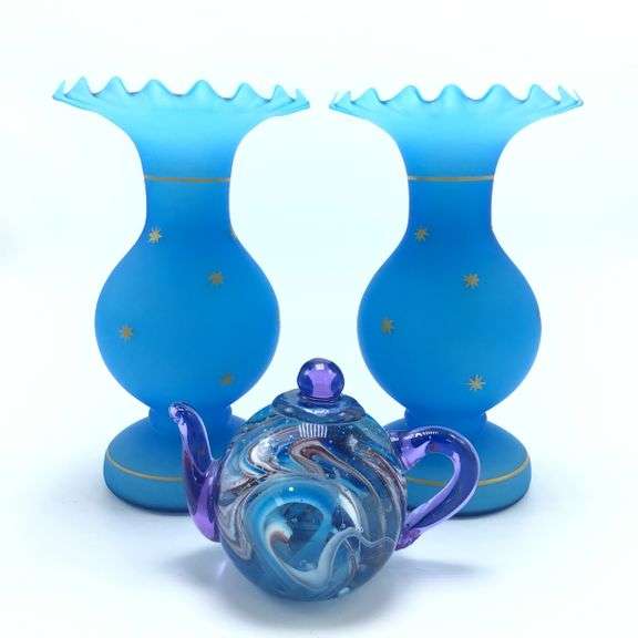 Blue Fenton Vases & Teapot Paperweight