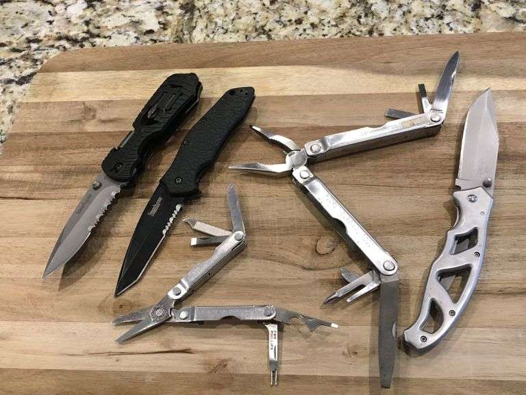 2 Leatherman Tools & 2 Kernshaw knives, 1 Gerber Knife