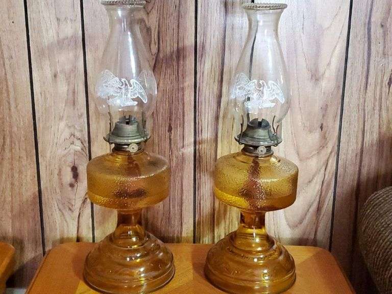 Vintage Amber Oil Lamps with Eagle Etching / Hobnail Chimney (Pair) - 27"