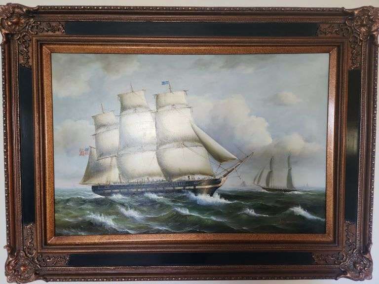 Nautical Oil Painting by French Artist Jean Laurent -45"x34"