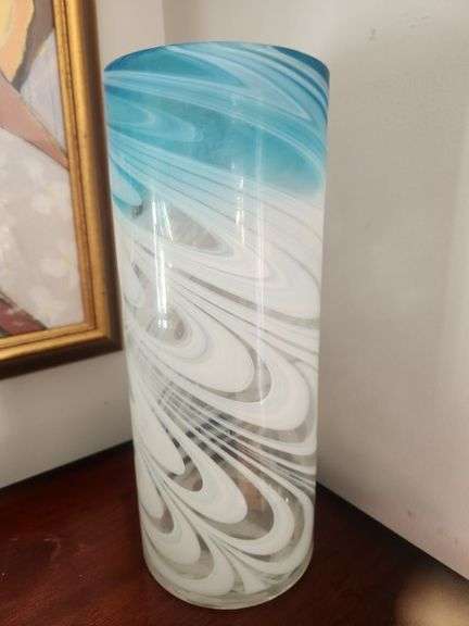 Large Blue and White Swirl Art Glass Vase