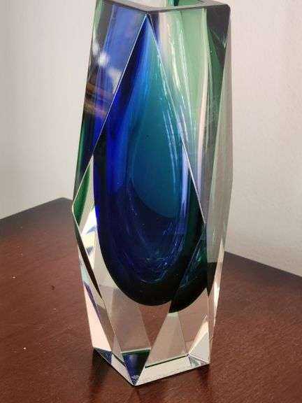 Mid-Century Murano Sommerso Art Glass Vase — Signed M. Raguse, Blue & Green Faceted Prism, Italy