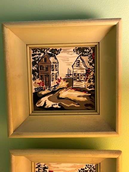 Duze signed hand painted tiles framed