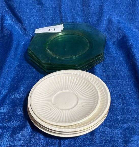 Wedgwood saucers, green plates