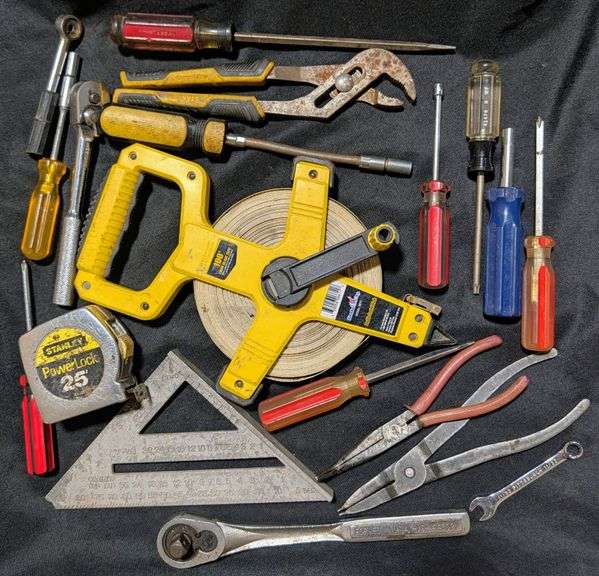 Assorted Hand Tools Set: Screwdrivers, Pliers, and Tape Measures