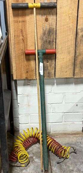 Vintage Industrial Steering Handle, Wooden T-Bar Tool, and Coiled Air Hose