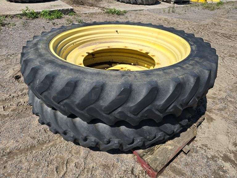 (2) 320/90R50 Firestone Tires on 12 Bolt Yellow John Deere 7000 and 8000 Series Rims
