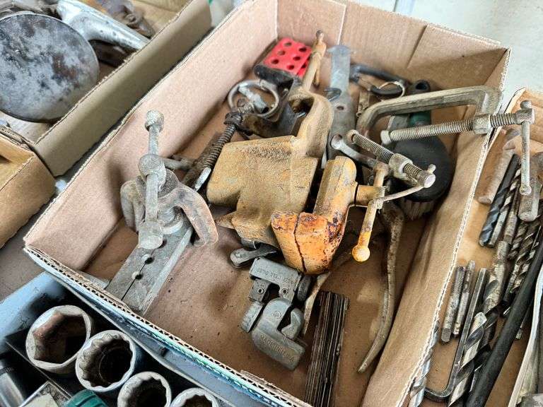 3 Boxes, Sockets, Vise, Drill Bits and Misc