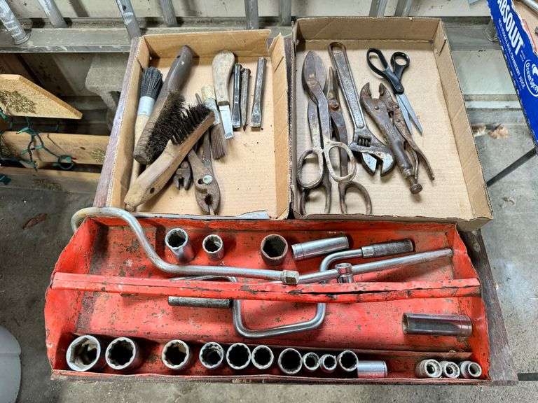 3 Boxes, Shears, Wire Brushes, Wrenches, Sockets