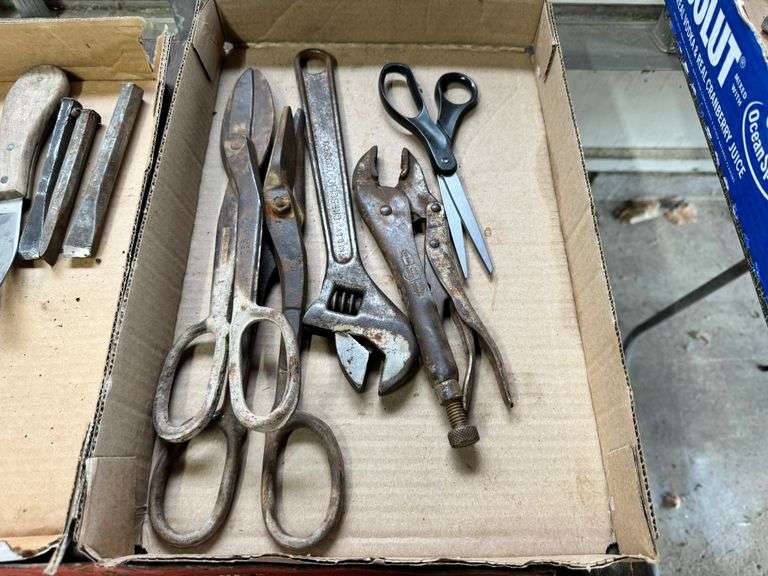 3 Boxes, Shears, Wire Brushes, Wrenches, Sockets