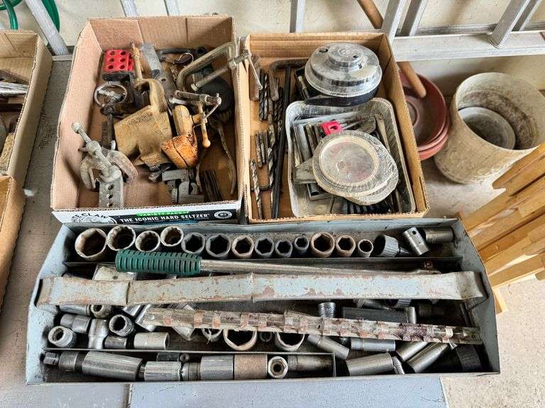 3 Boxes, Sockets, Vise, Drill Bits and Misc