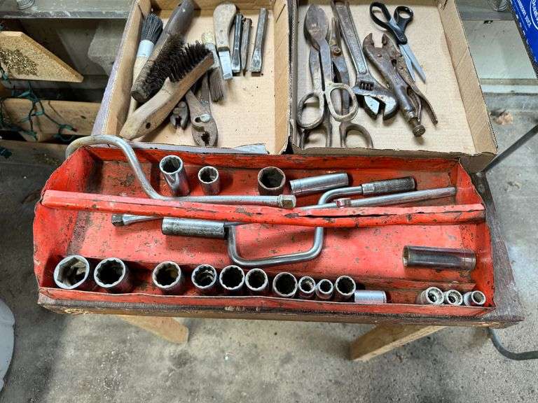 3 Boxes, Shears, Wire Brushes, Wrenches, Sockets