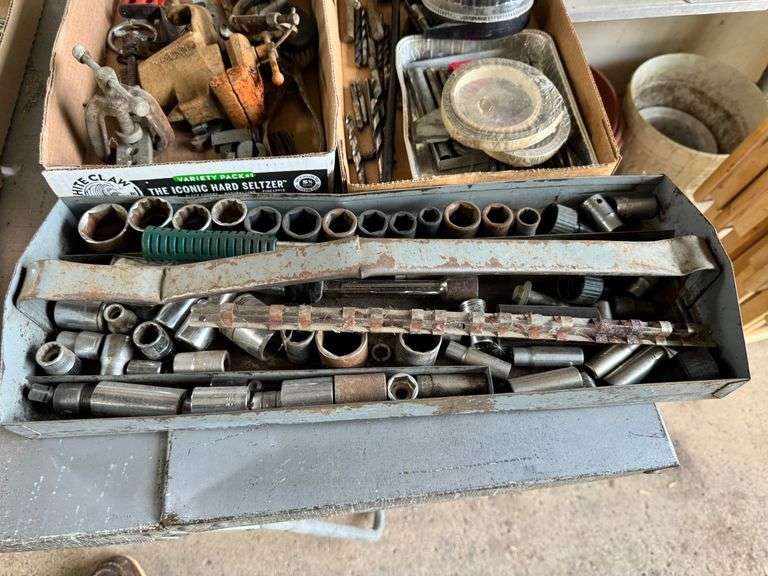 3 Boxes, Sockets, Vise, Drill Bits and Misc