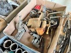 3 Boxes, Sockets, Vise, Drill Bits and Misc