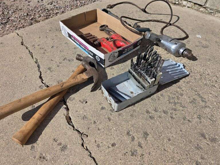 Drill Bits, Drill (Working Order), Sickle Tool, Hammer, Caulking Gun
