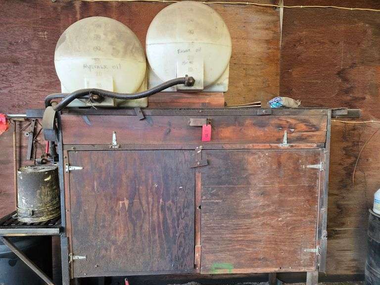 Oil Container Rack with 2 – 70 Gallon Poly Tanks, Used for Oil, and Cabinet with Misc Containers, Fi