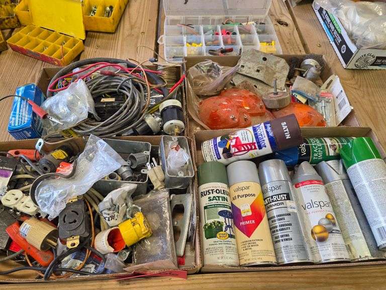Assortment of Electrical Parts and Paint Cans