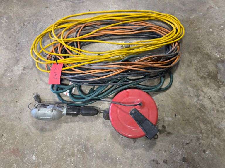 Assortment of Extension Cords and Retracting Trouble Light