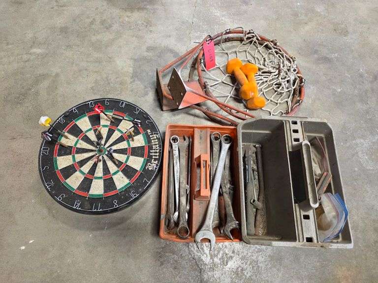 Basketball Hoops, Dart Board and 2 Carrying Totes with Misc Tools
