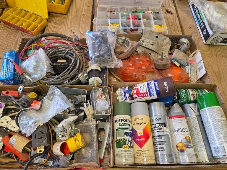 Assortment of Electrical Parts and Paint Cans