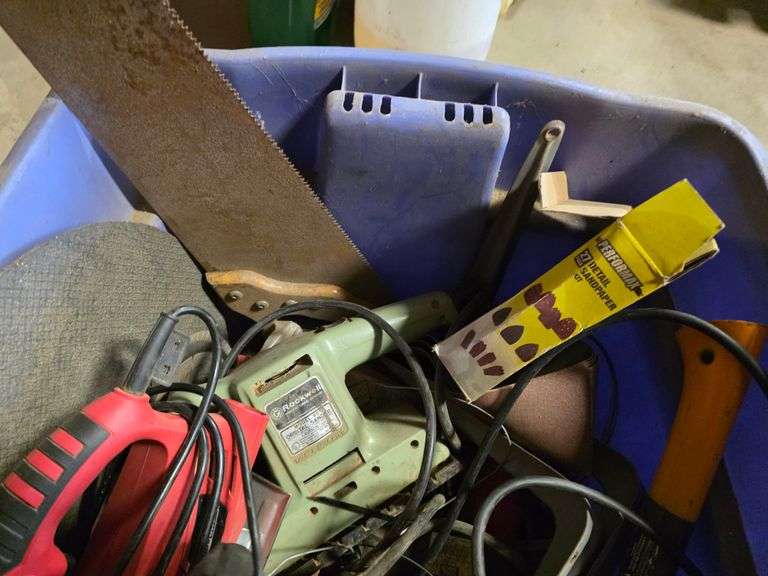 Large Tote with Misc Sanders, Jig Saw, Sand Paper and Misc
