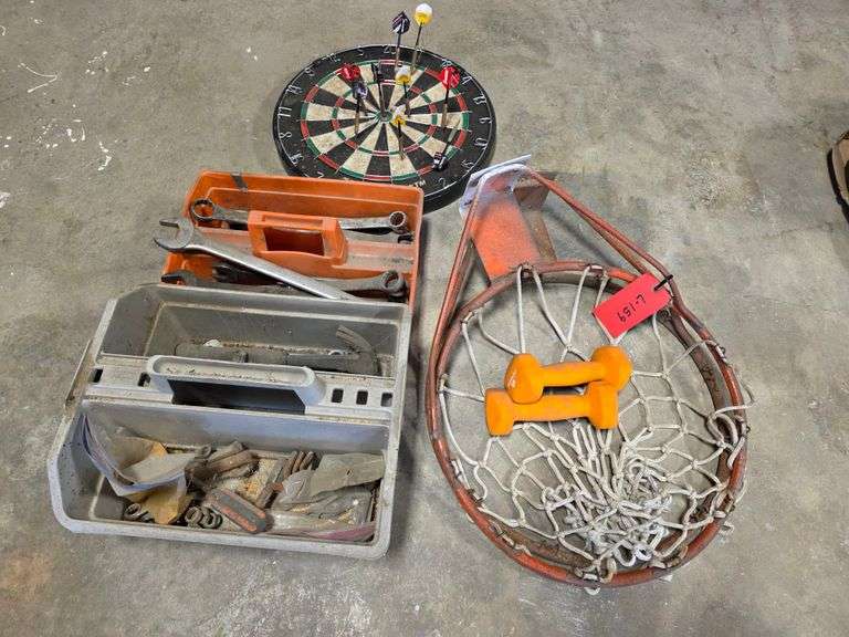 Basketball Hoops, Dart Board and 2 Carrying Totes with Misc Tools