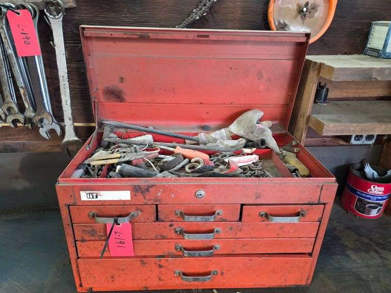 Toolbox and Cabinet with Misc Tools, Toolbox is 13” x 26” x 13” and Cabinet is 17” x 27” x 34”