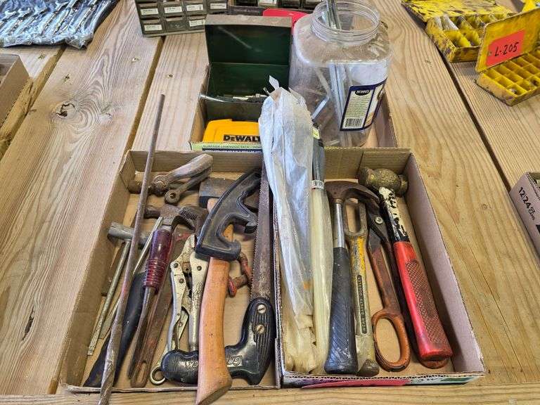 3 Boxes of Misc Tools, Brass Hammer, and Some Tap and Die Pieces