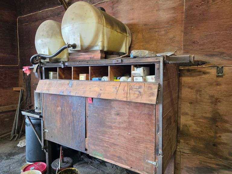Oil Container Rack with 2 – 70 Gallon Poly Tanks, Used for Oil, and Cabinet with Misc Containers, Fi