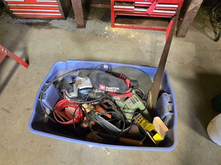 Large Tote with Misc Sanders, Jig Saw, Sand Paper and Misc