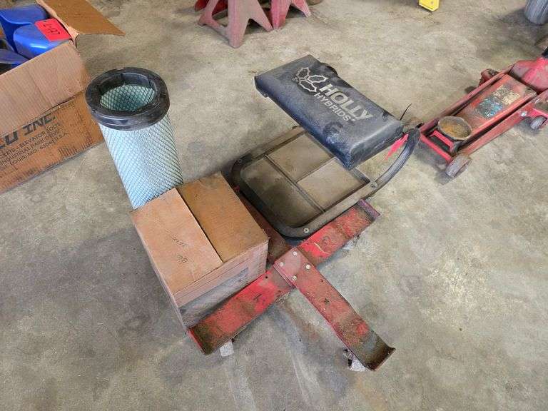 Mechanics Seat and Barrel Holder on Wheels with Misc Air Filters