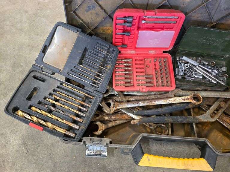Toolbox with Drill Bits, Smaller Sockets and Misc Tools