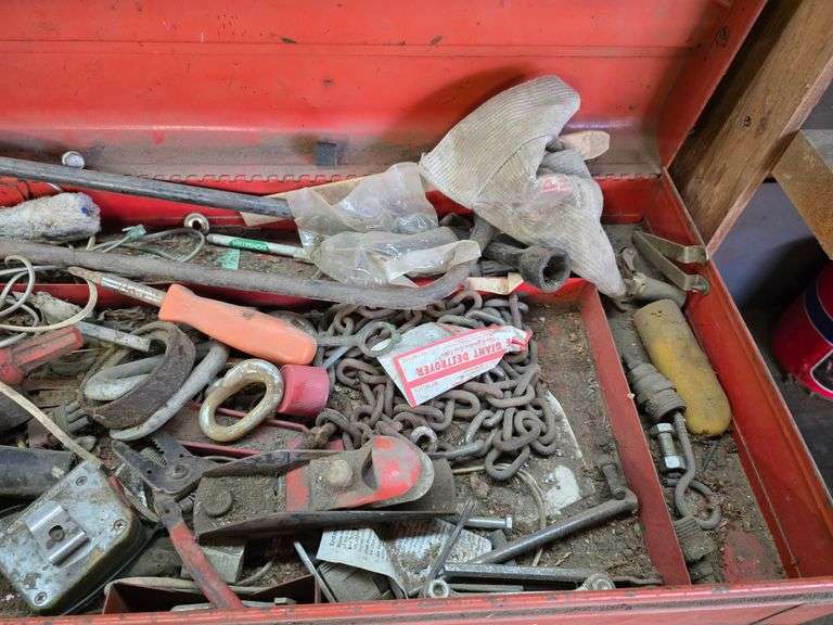 Toolbox and Cabinet with Misc Tools, Toolbox is 13” x 26” x 13” and Cabinet is 17” x 27” x 34”