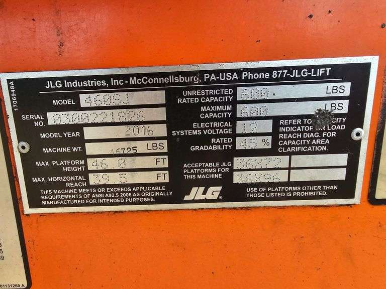 2016 JLG 460SJ Boomlift with 6’ Jib, Duetz, Diesel Skypower 4x4, 7’ Basket, 5,340 Hours