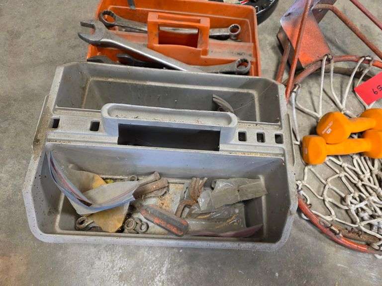 Basketball Hoops, Dart Board and 2 Carrying Totes with Misc Tools