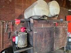 Oil Container Rack with 2 – 70 Gallon Poly Tanks, Used for Oil, and Cabinet with Misc Containers, Fi