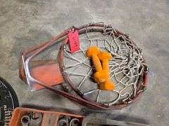 Basketball Hoops, Dart Board and 2 Carrying Totes with Misc Tools