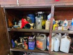 Oil Container Rack with 2 – 70 Gallon Poly Tanks, Used for Oil, and Cabinet with Misc Containers, Fi