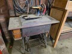 Singer Sewing Machine, Stand and Misc Wood Shelf