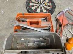 Basketball Hoops, Dart Board and 2 Carrying Totes with Misc Tools
