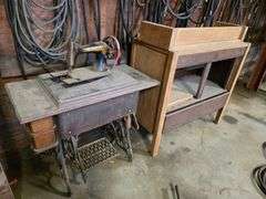 Singer Sewing Machine, Stand and Misc Wood Shelf
