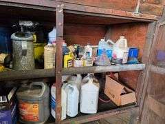 Oil Container Rack with 2 – 70 Gallon Poly Tanks, Used for Oil, and Cabinet with Misc Containers, Fi