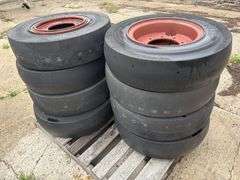 (8) Smooth 7.50-15 Tires on 9 Bolt Rims, 7-3/4” Centers, off of a road packer, Buying All for One Mo