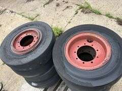 (8) Smooth 7.50-15 Tires on 9 Bolt Rims, 7-3/4” Centers, off of a road packer, Buying All for One Mo