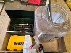 3 Boxes of Misc Tools, Brass Hammer, and Some Tap and Die Pieces