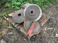 Pallet of 20” Disc Blades that Came off White Model 435 Disc Chisel, The Whole Bracket that Holds Th
