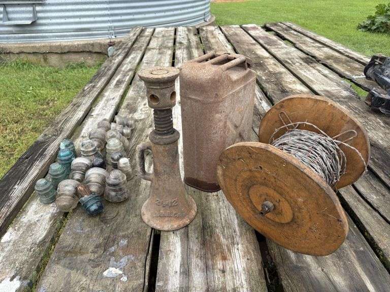 Glass Telephone Wire Insulators, Antique Screw Jack, Metal fuel can, unused barbed wire